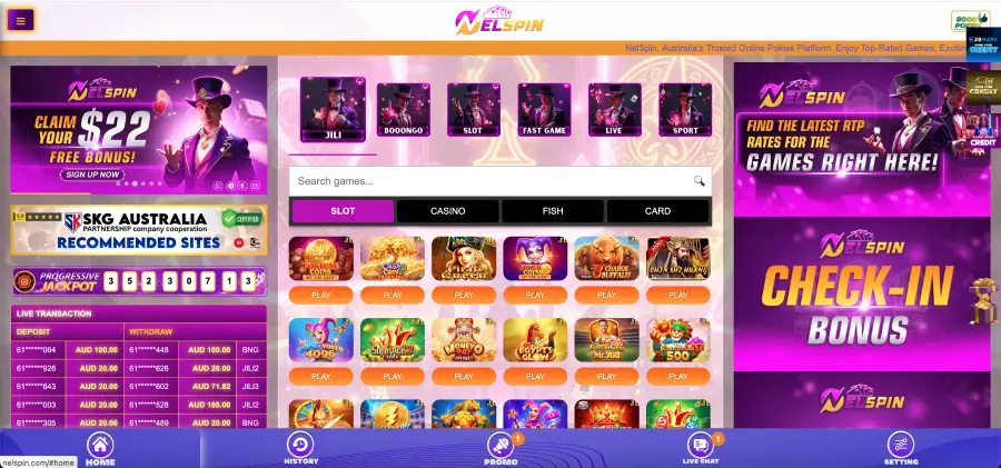 Nelspin casino homepage overview with pokies and fast games Nelspin casino homepage overview with pokies and fast games